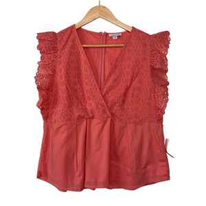 Venus Eyelet Ruffle Top Women NWT Coral Boho Peplum Blouse 16 Pink Sleeveless
